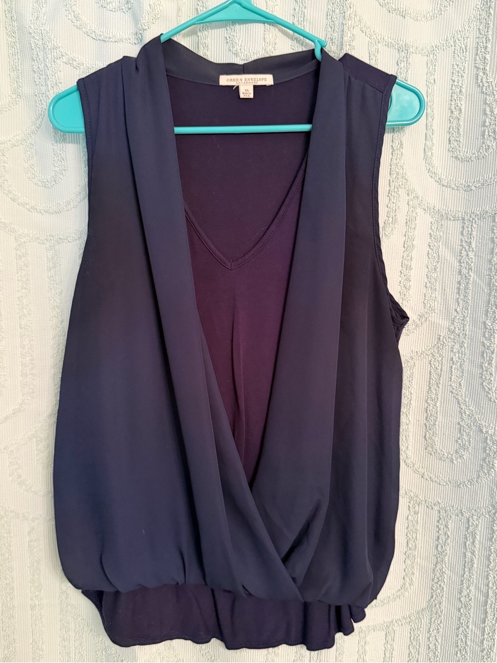 Green Envelope Navy Draped Sleeveless Camisole